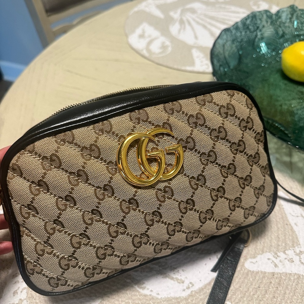 Gucci Monogram Matelasse Small GG Marmont Chain Bag Beige Black
